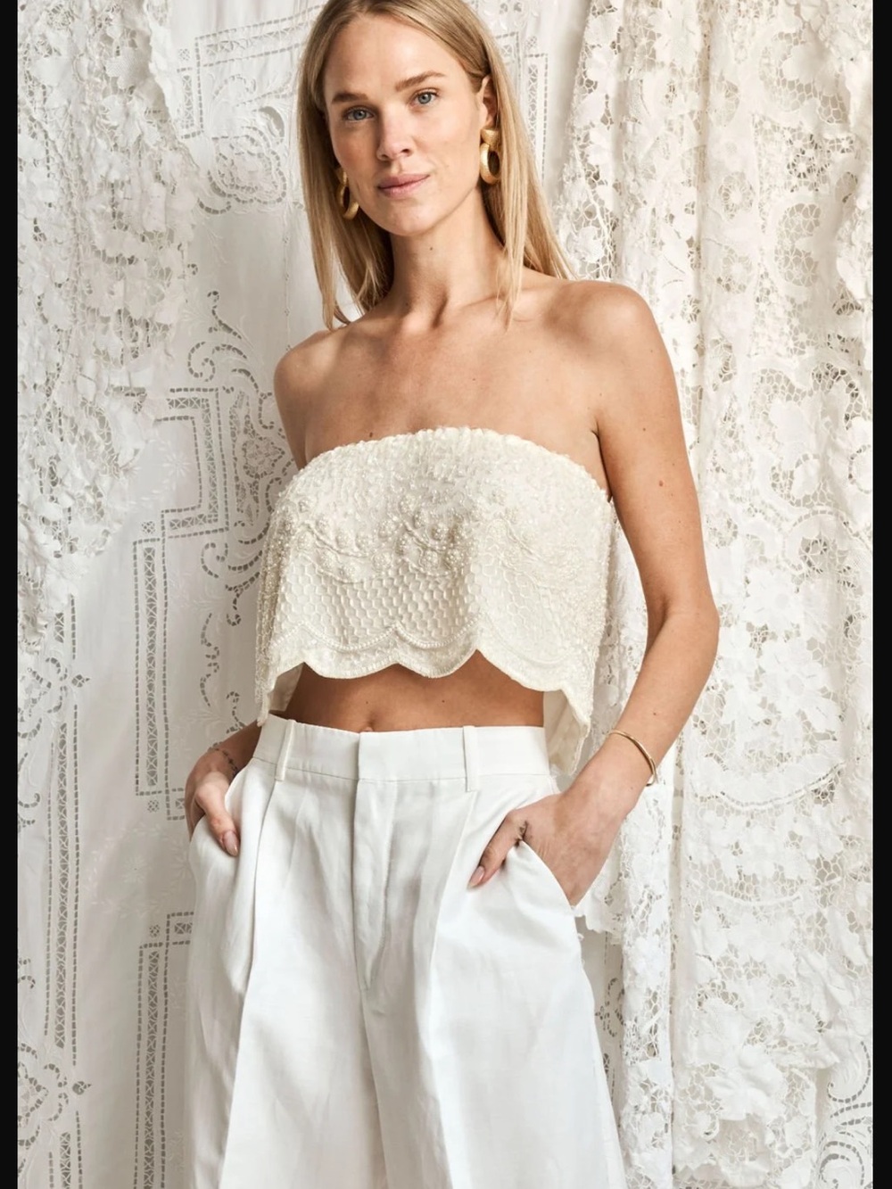 Vintage reworked beaded Crop Top - Cream